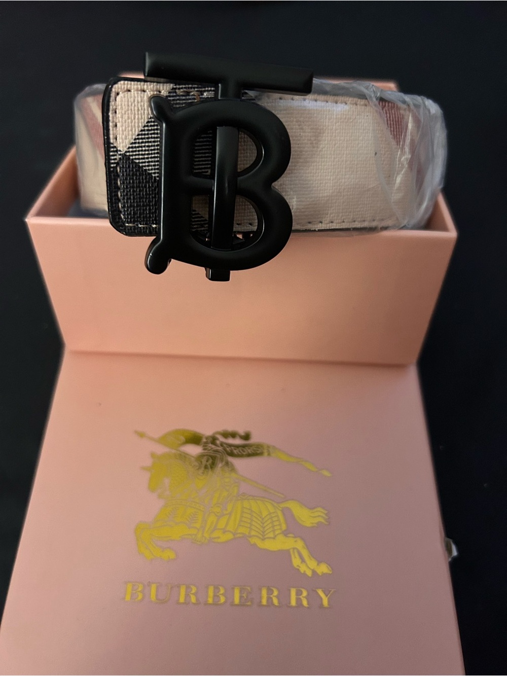 Beige Check Canvas Belt with Matte Black 'B' Buckle
